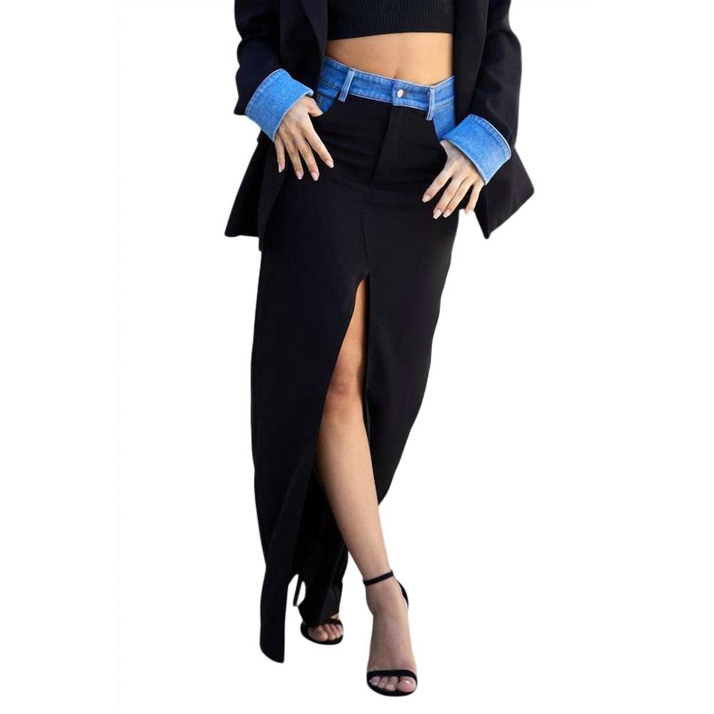 NEW ENDLESS BLU. tatiana skirt with denim accents & high slit in black